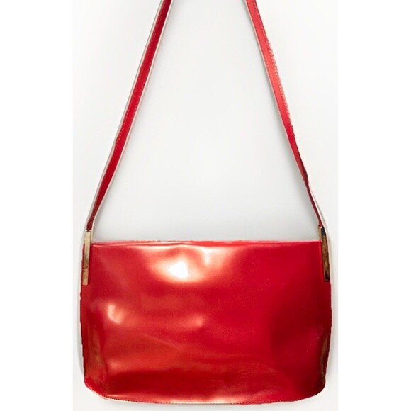 Furla Red Patent Leather Shoulder Bag Baguette Purse Tote Made in Italy - Picture 1 of 13